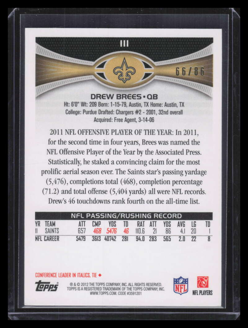 2012 Topps Orange 111 Drew Brees POY 66/86 Player of the Year