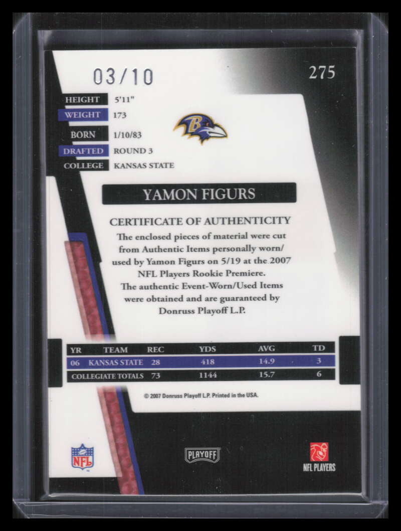 2007 Absolute RPM AFC/NFC Prime 275 Yamon Figurs Rookie Triple Ball Patch 3/10