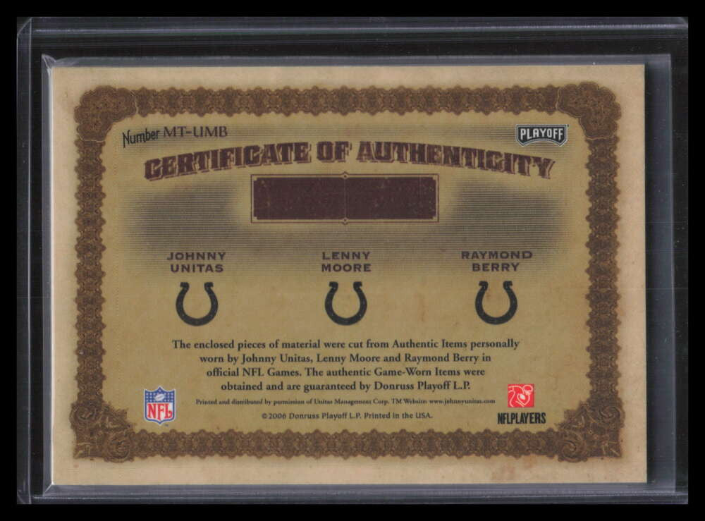 2006 Playoff National Treasures NFL Moore Berry Unitas Triple Jersey Sample