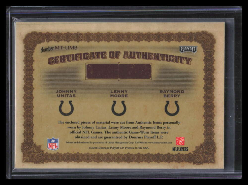 2006 Playoff National Treasures Trios Moore Berry Unitas Triple Jersey Sample