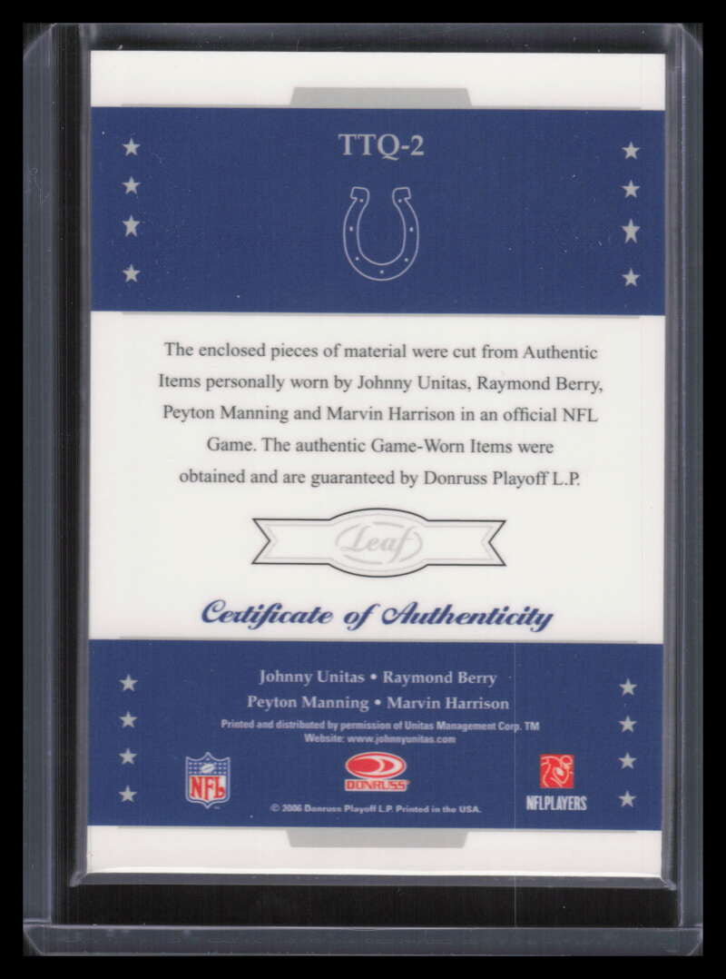 2006 Leaf Limited Team Threads 2 Harrison Berry Manning Unitas Quad Patch Sample