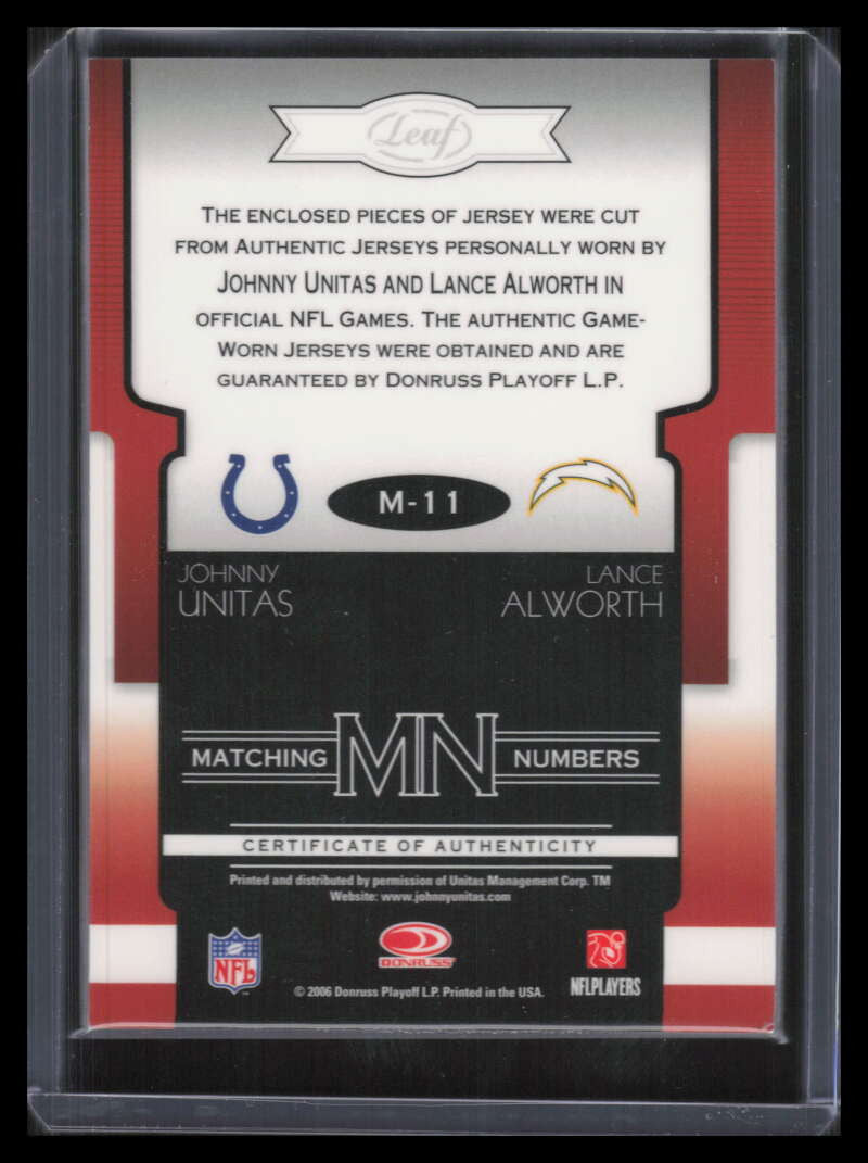 2006 Leaf Limited Matching Numbers Prime 11 Alworth Unitas Dual Patch Sample
