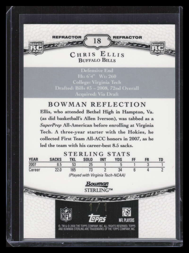 SOLD 164781 2008 Bowman Sterling Red Refractor 18 Chris Ellis Rookie 1/1