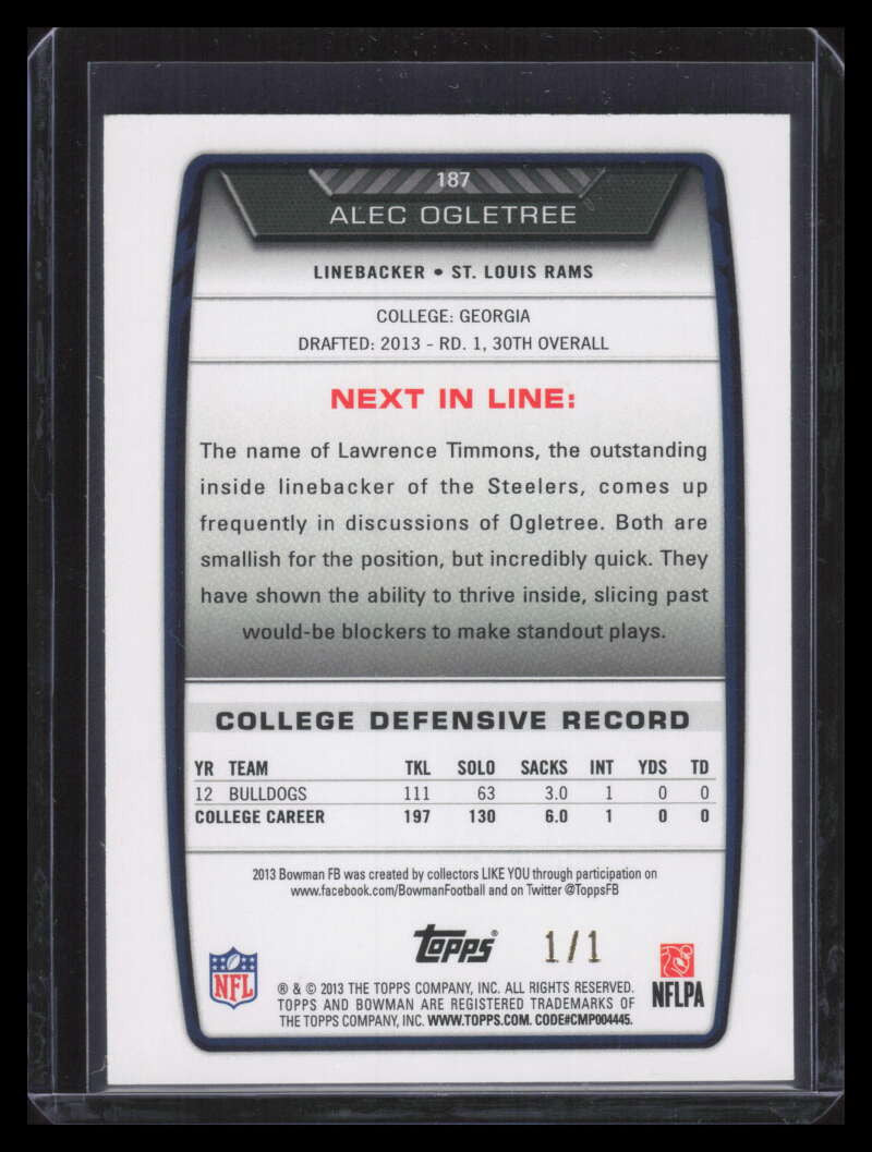 SOLD 164783 2013 Bowman Platinum 187 Alex Ogletree Rookie 1/1