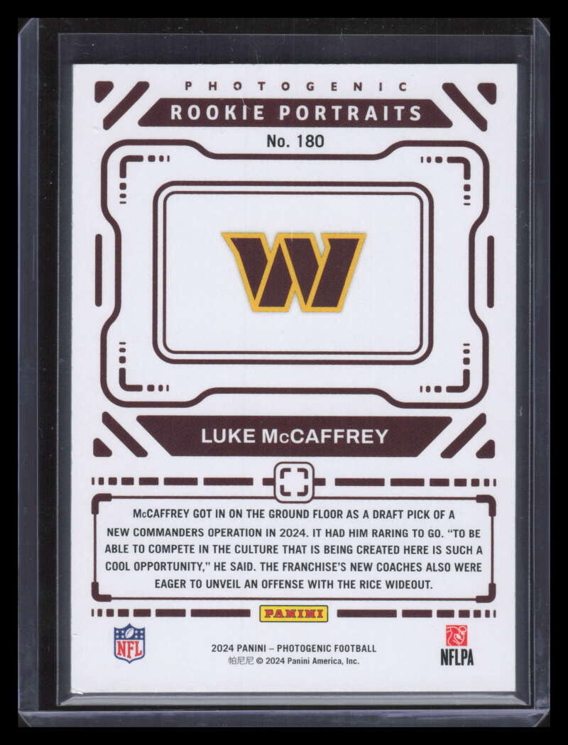 2024 Panini Photogenic Red 180 Luke McCaffrey Rookie 48/49 Rookie Portraits