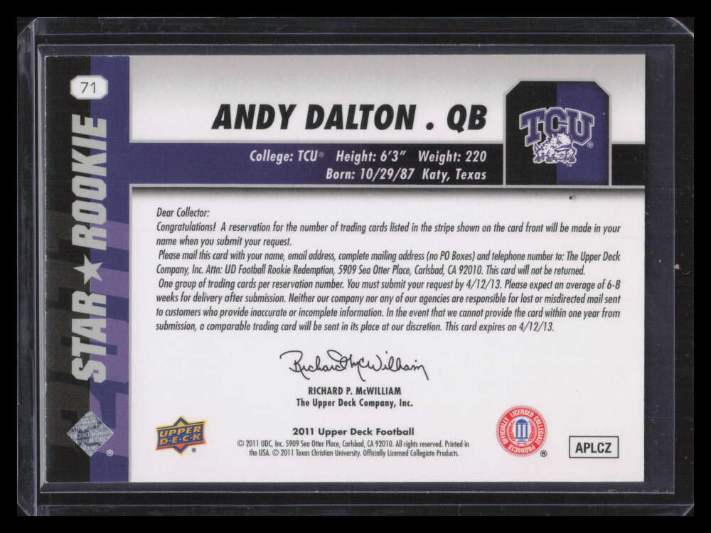 2011 Upper Deck 15 Stripe 71 Andy Dalton Rookie