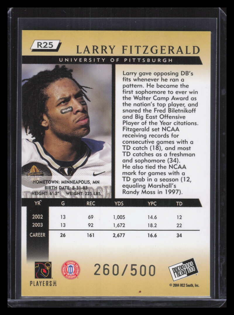2004 Press Pass Reflectors r25 Larry Fitzgerald Rookie 260/500