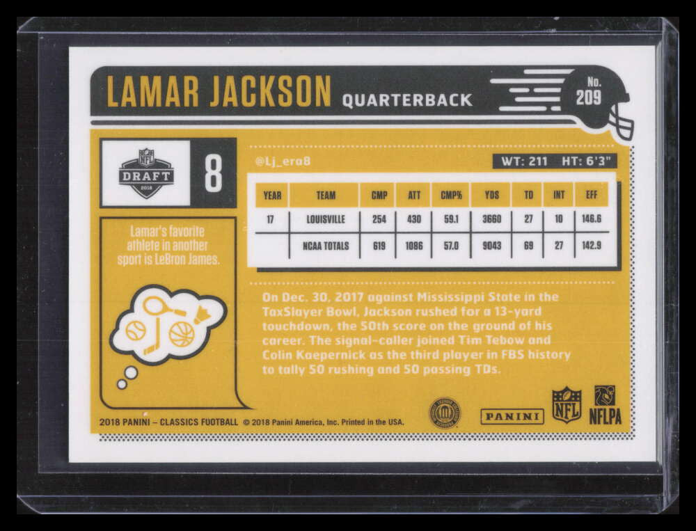 2018 Classics Premium Edition 209 Lamar Jackson Rookie