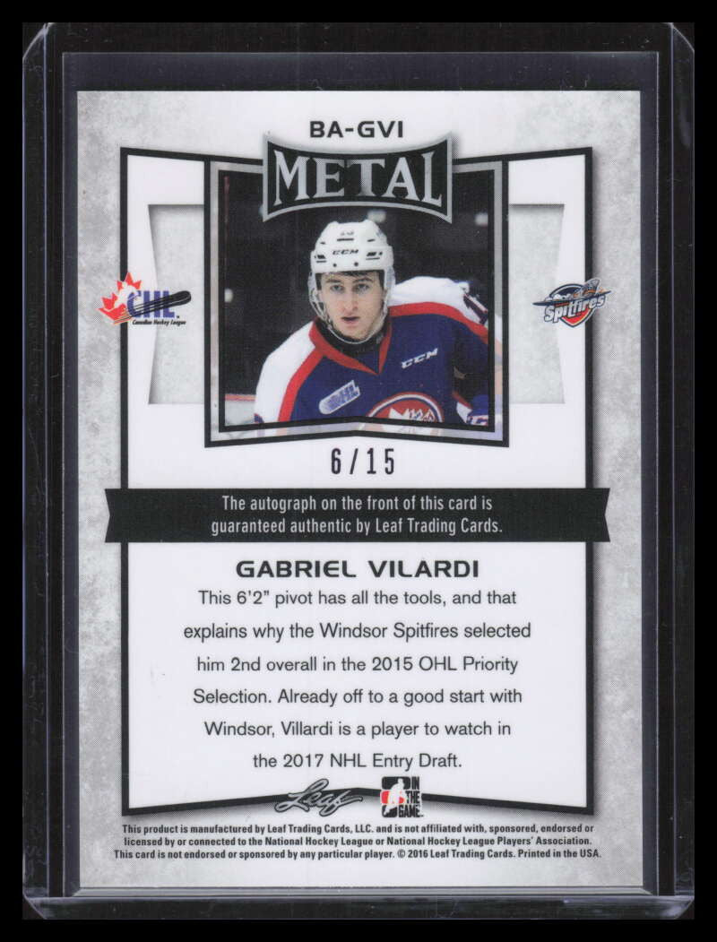 2015-16 Leaf Metal Prismatic Purple bagv1 Gabriel Vilardi Rookie Auto 6/15