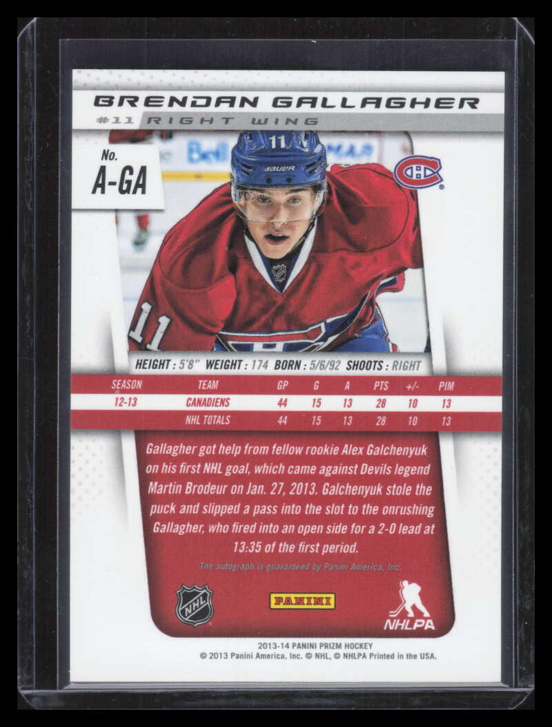 2013-14 Panini Prizm Rookie Autographs AGA Brendan Gallagher Rookie Auto