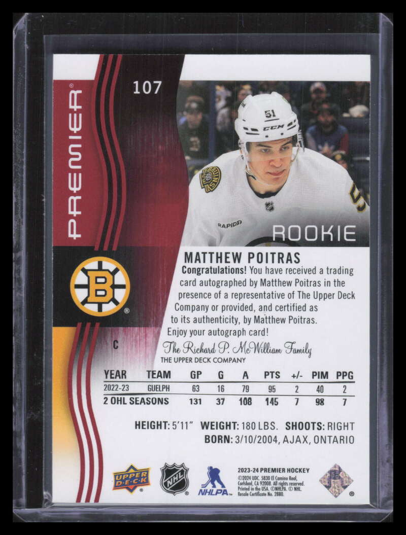 2023-24 Upper Deck Premier Autographs 107 Matthew Poitras Rookie Auto SP