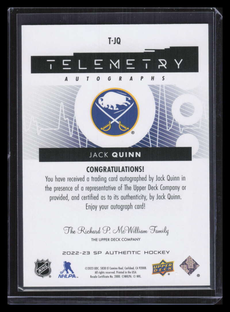 2022-23 SP Authentic Telemetry Autographs TJQ Jack Quinn Rookie Auto