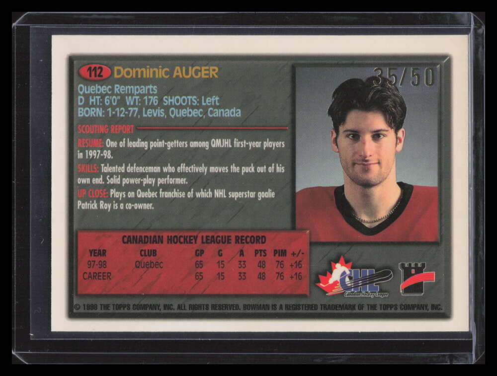 1998 Bowman CHL Golden Anniversary 112 Dominic Auger Rookie 35/50
