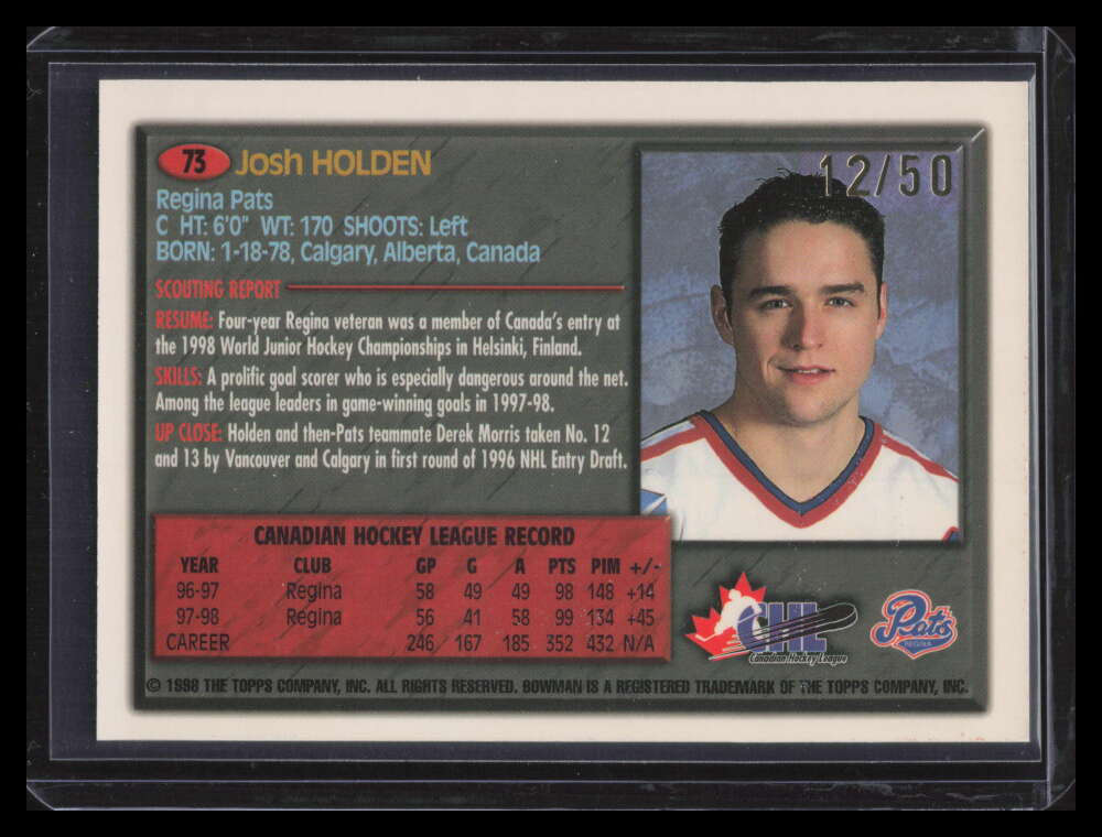1998 Bowman CHL Golden Anniversary 73 Josh Holden 12/50