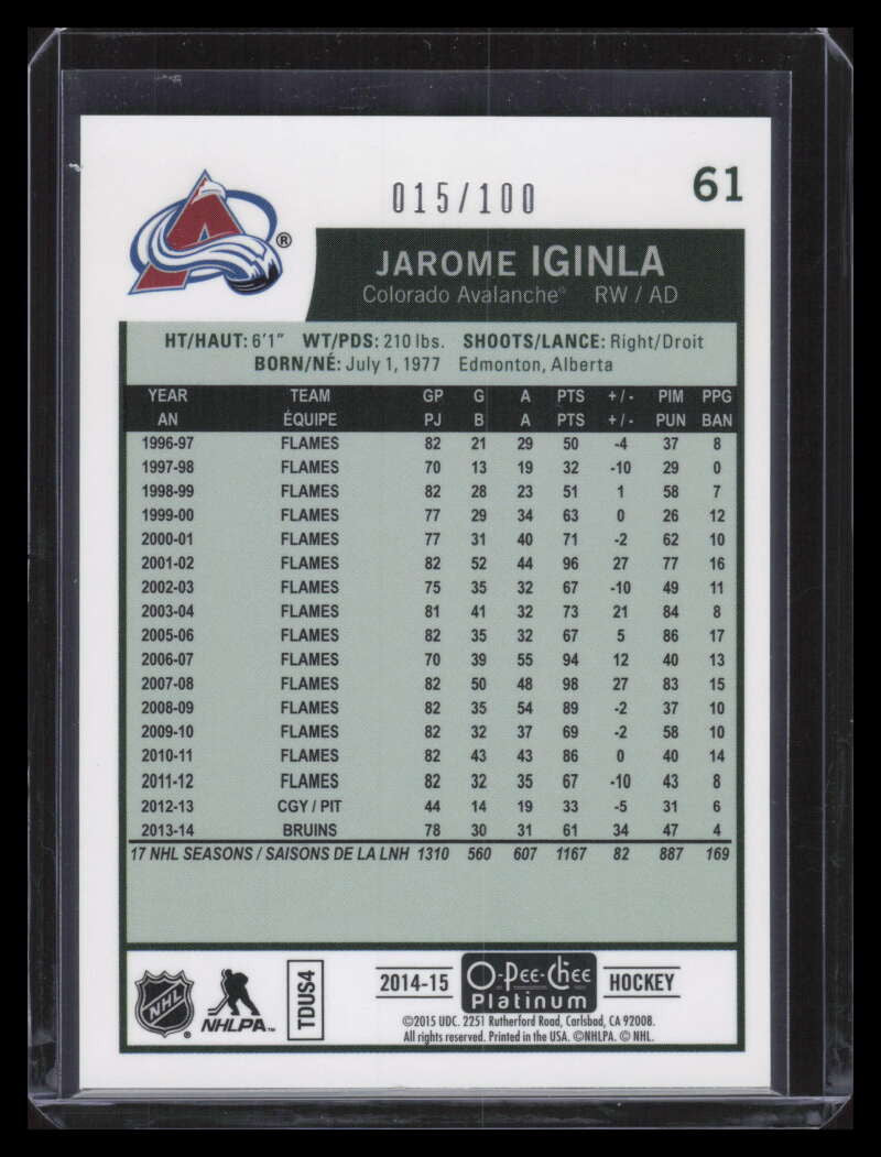 2014-15 O-Pee-Chee Platinum Retro Rainbow Black 61 Jarome Iginla 15/100