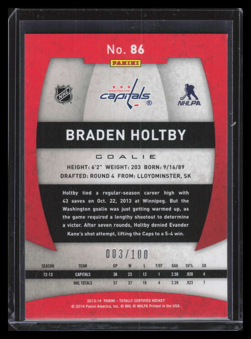 2013-14 Totally Certified Platinum Red 86 Braden Holtby 3/100