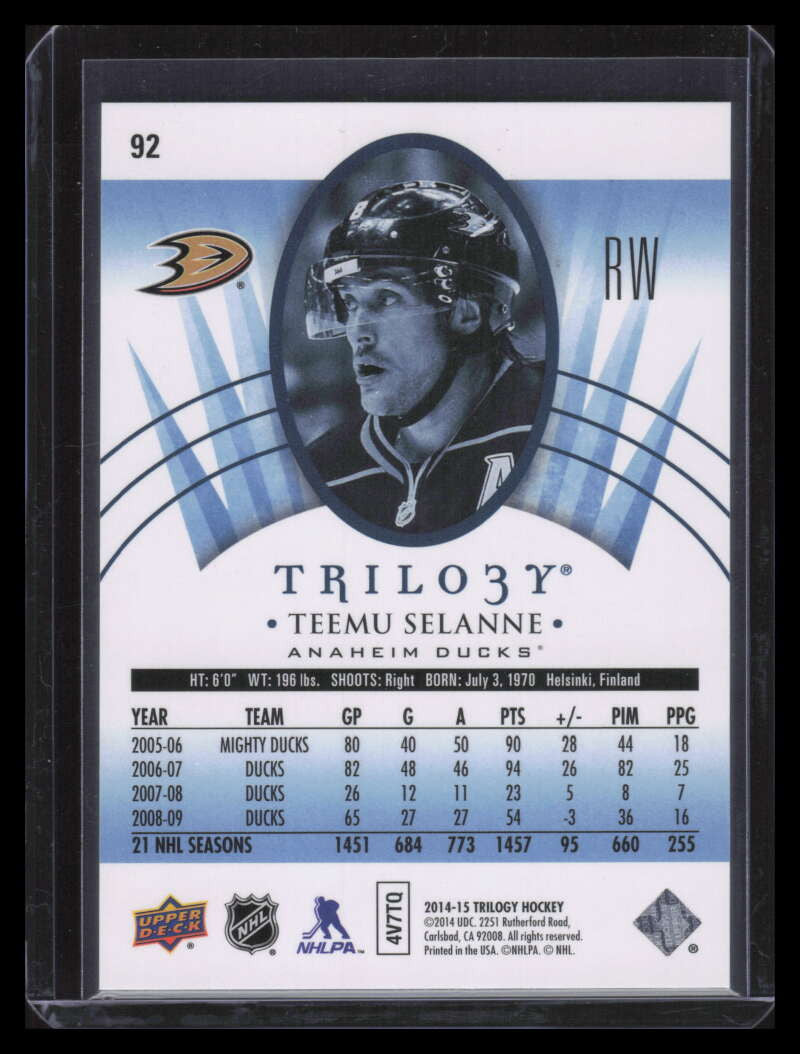 2014-15 Upper Deck Trilogy Radiant Blue 92 Teemu Selanne 23/110