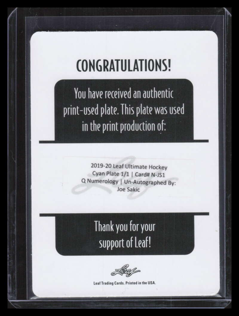 2019-20 Leaf Ultimate Q Numerology Printing Plate Cyan njs1 Joe Sakic 1/1