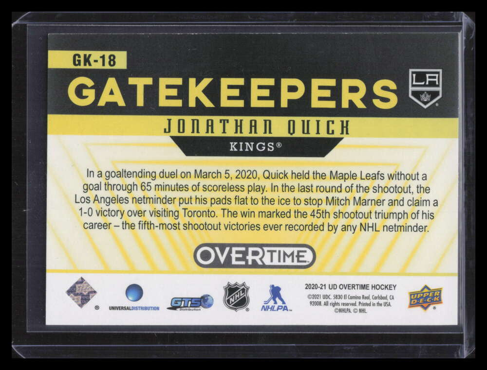 2020-21 Upper Deck Overtime Gatekeepers Red Rainbow gk18 Jonathan Quick 7/25