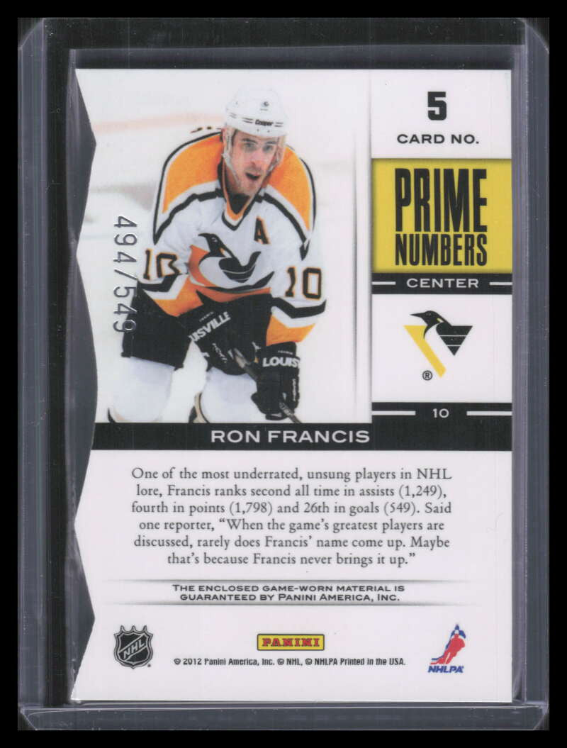 2011-12 Elite Prime Number Jerseys 5 Ron Francis Jersey 494/549