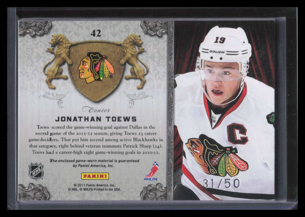 SOLD 165258 2011-12 Crown Royale All The Kings Men Materials 42 Jonathan Toews Patch 31/50