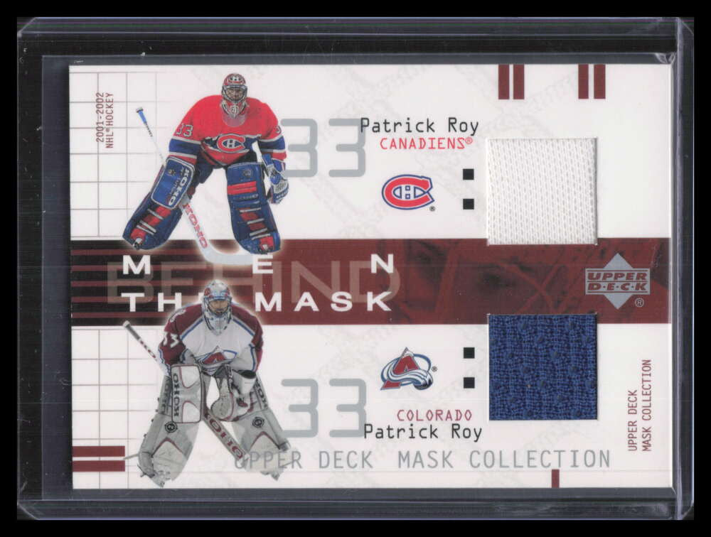 2001-02 UD Mask Collection BMPR Patrick Roy Dual Jersey Men Behind the Mask