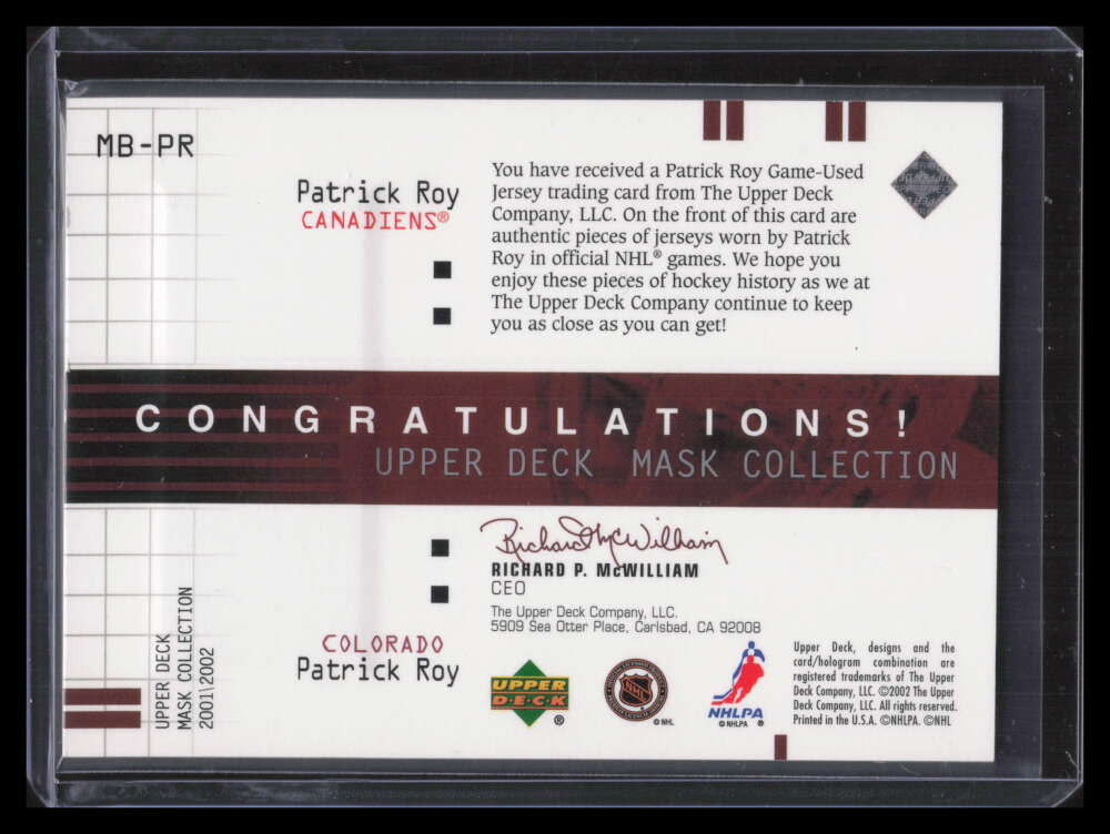2001-02 UD Mask Collection BMPR Patrick Roy Dual Jersey Men Behind the Mask