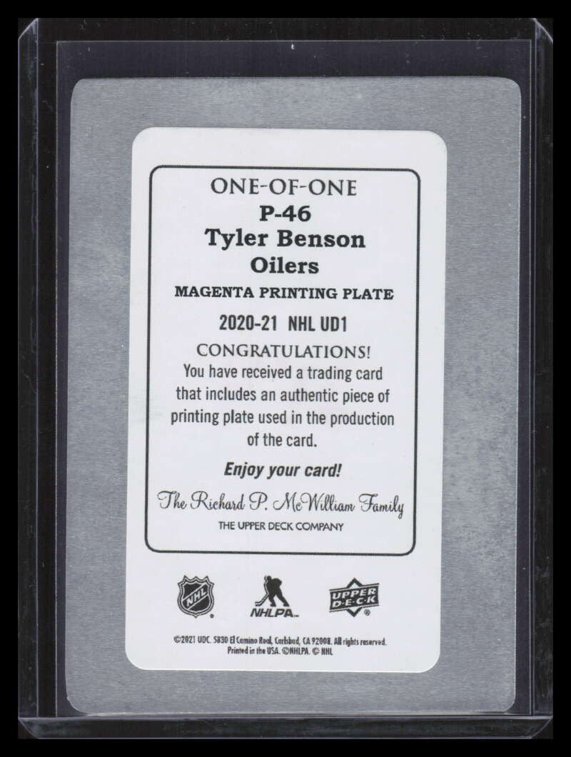 2020-21 Upper Deck Portraits Printing Plate Magenta p46 Tyler Benson Rookie 1/1