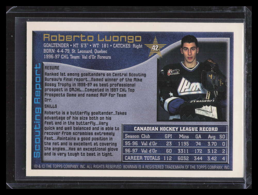 1997 Bowman CHL OPC 42 Roberto Luongo Rookie