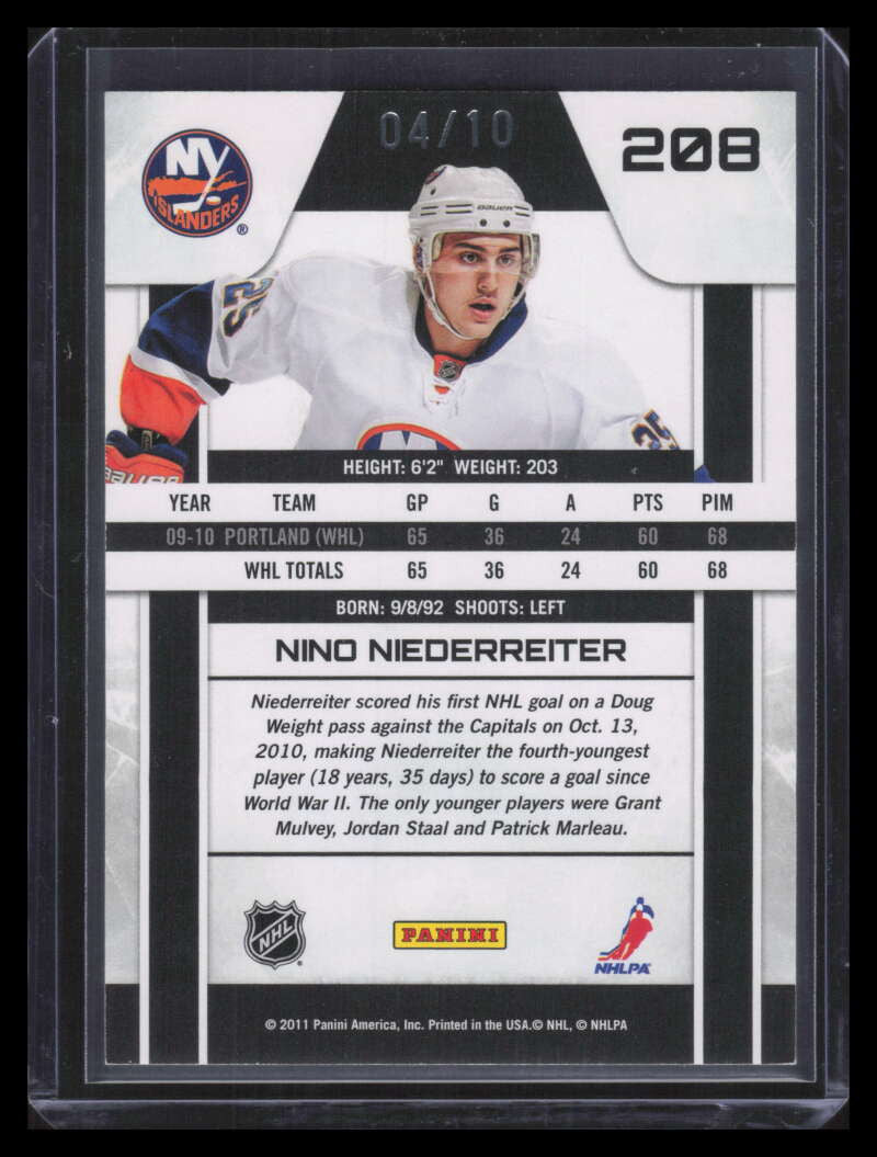 2010-11 Zenith Rookie Parallel Gold 208 Nino Niederreiter Rookie 4/10