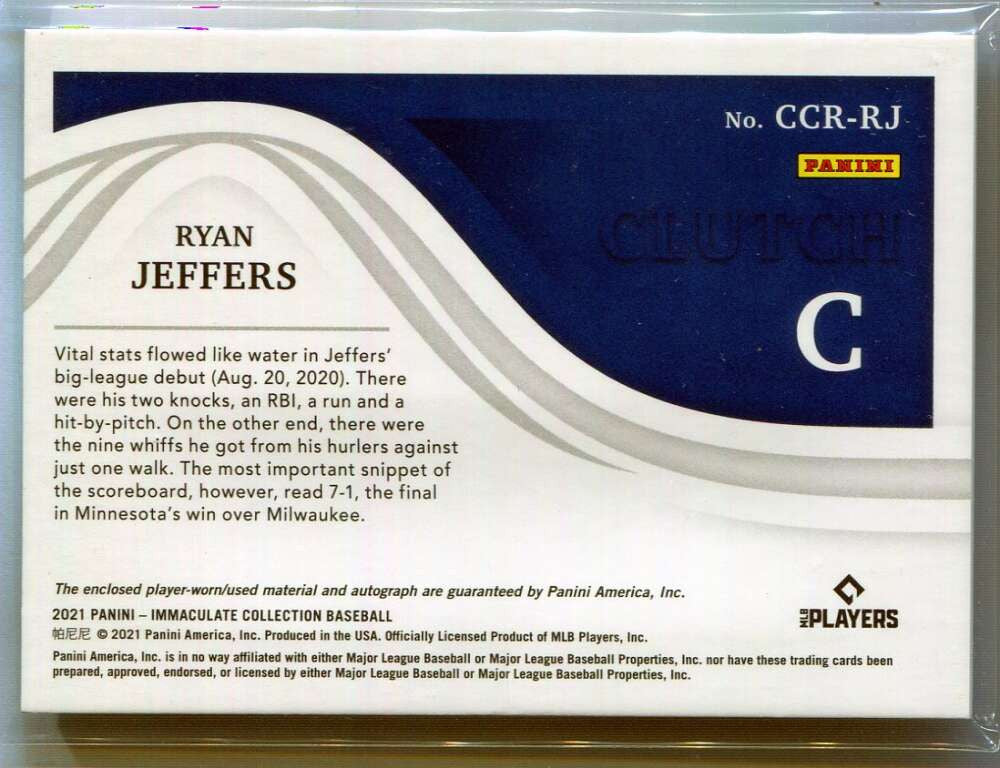 2021 Immaculate Clearly Clutch Autographs Ryan Jeffers Rookie Jersey Auto 34/60