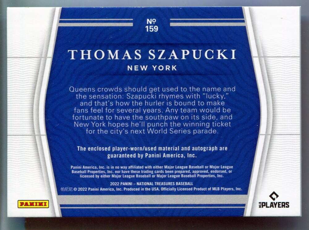 2022 Panini National Treasures Gold 159 Thomas Szapucki Rookie Patch Auto 35/49
