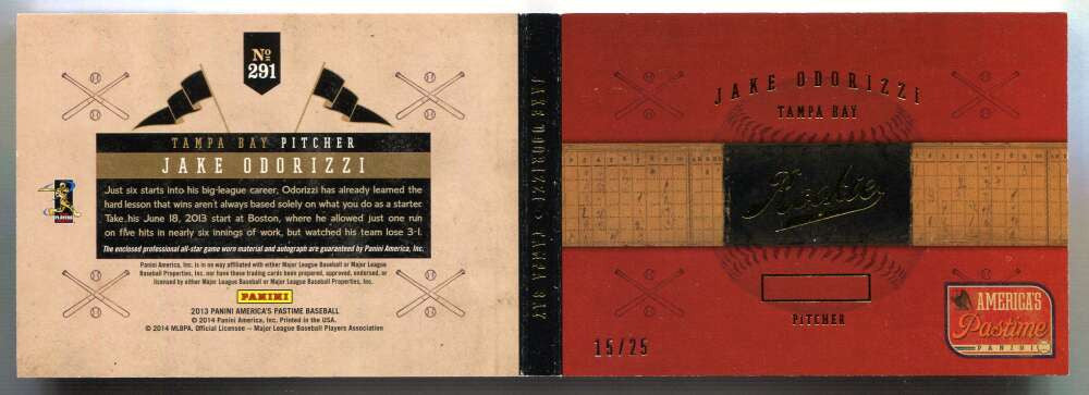 DELETE 165399 2013 Panini America's Pastime Gold 291 Jake Odorizzi RC Patch Auto Booklet 15/25