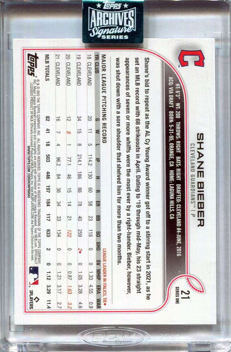 2024 Topps Archives Signature Series Shane Bieber Auto 63/75 2022 Topps