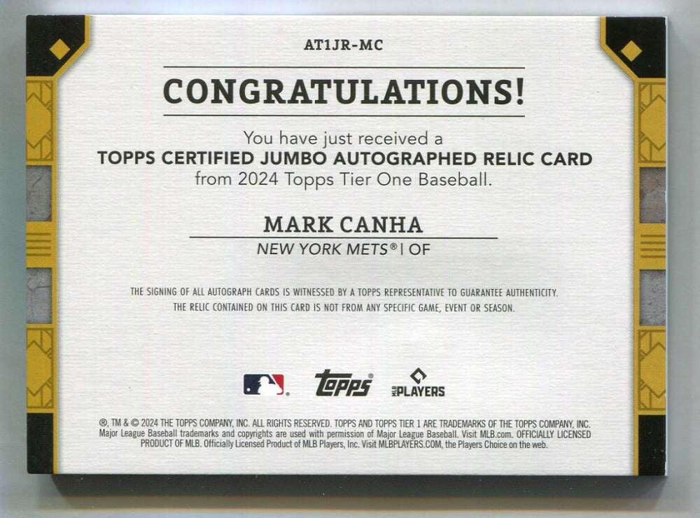 2024 Topps Tier One Jumbo Relic Autographs Mark Canha Button Patch Auto 3/5