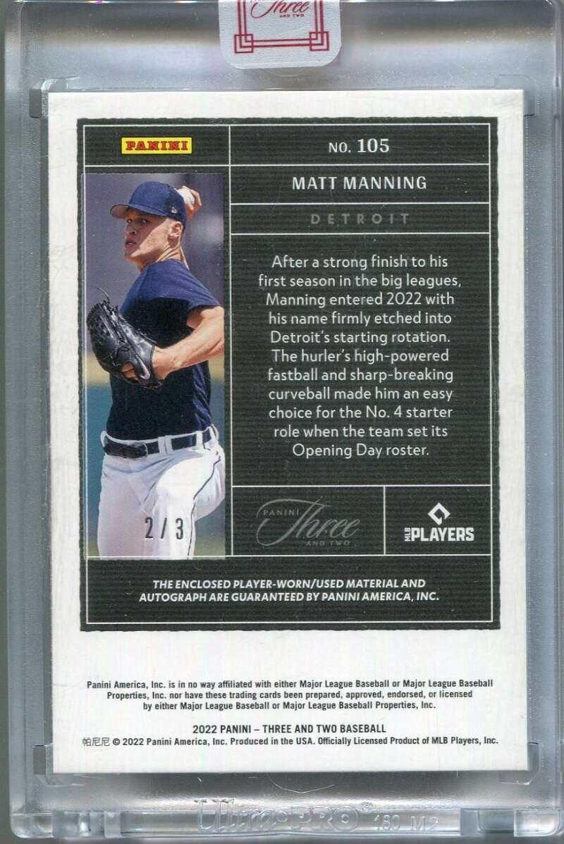 2023 Panini Three and Two Autographs 105 Matt Manning Laundry Tag Patch Auto 2/3