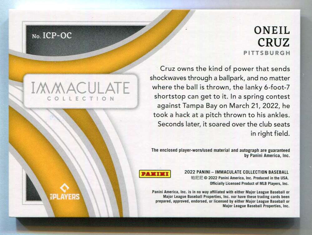 2022 Immaculate Collection Clear Prime 52 Oneil Cruz Rookie Patch Auto 53/72
