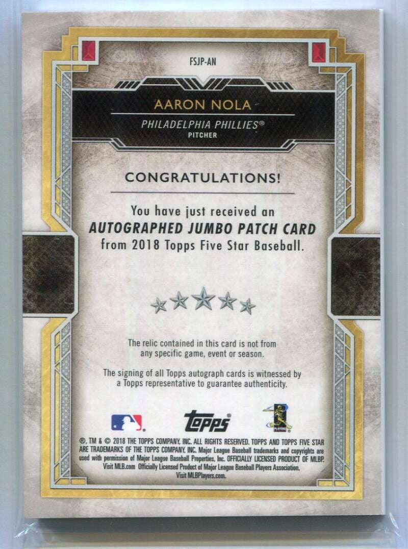 2018 Topps Five Star Jumbo Autographs Gold FSJPAN Aaron Nola Patch Auto 20/25