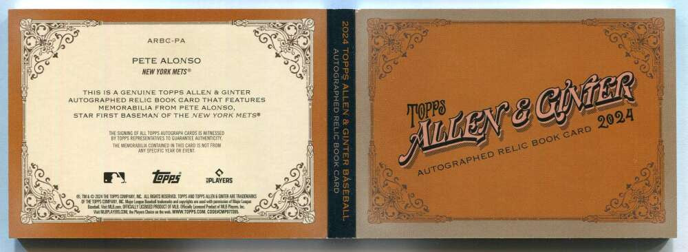 2024 Topps Allen and Ginter Autograph Booklet Pete Alonso Jumbo Jersey Auto 6/10