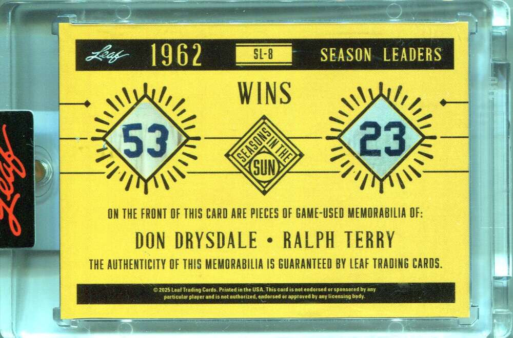 2025 Leaf Seasons in the Sun Leaders USA Ralph Terry Drysdale Dual Jersey 2/5