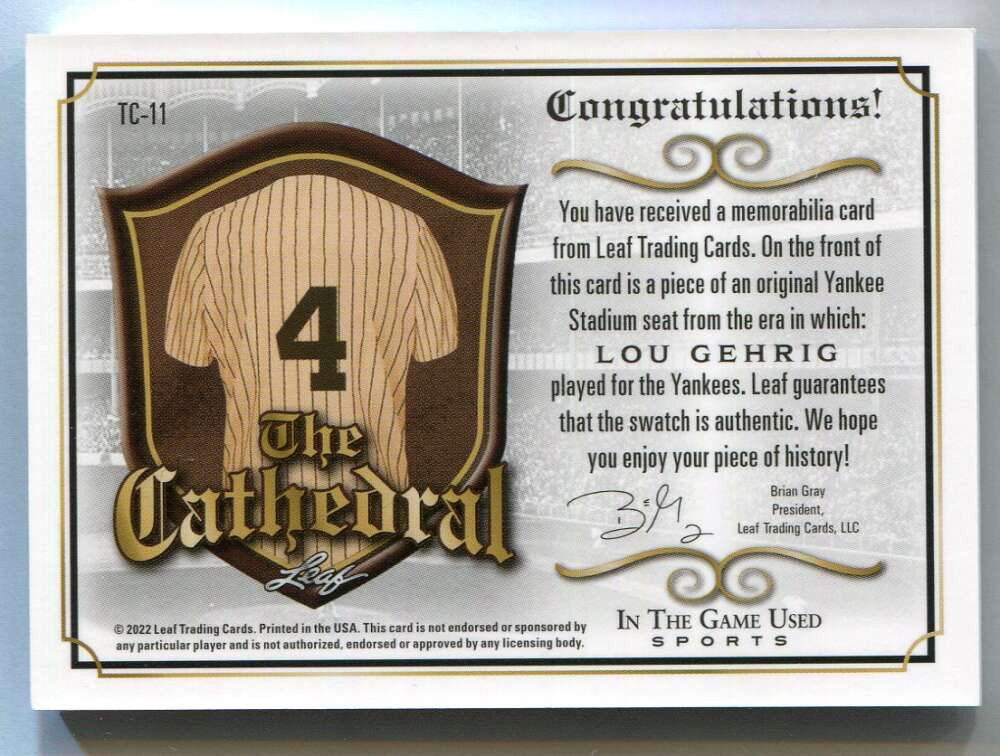 2022 ITG Used The Cathedral Materials tc11 Lou Gehrig Yankee Stadium Seat 1/45