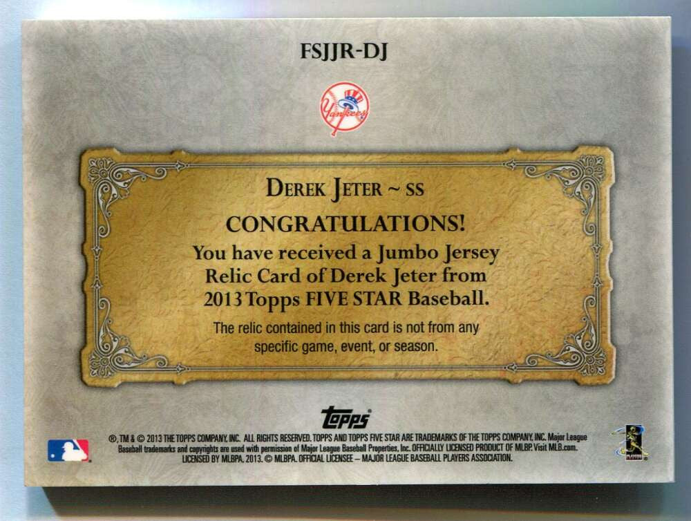 2013 Topps Five Star Jumbo Jersey Purple DJ Derek Jeter Jumbo Jersey 6/20