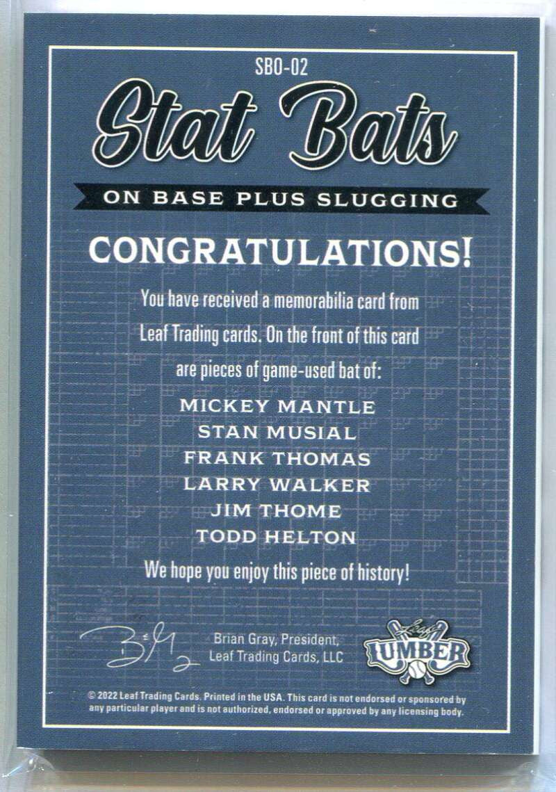 2022 Leaf Lumber Stat Bats Helton Thome Walker Thomas Musial Mantle 6 Bat 3/3