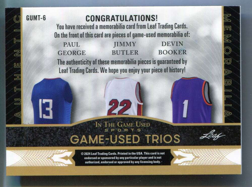 2024 Leaf ITG Used Memorabilia Trios Paul George Butler Booker Triple Jersey /40