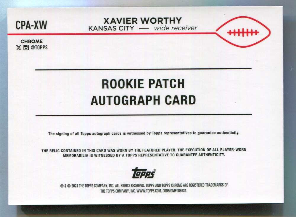 2024 Topps Chrome Autographs Gold Refractor Xavier Worthy Rookie Patch Auto /50