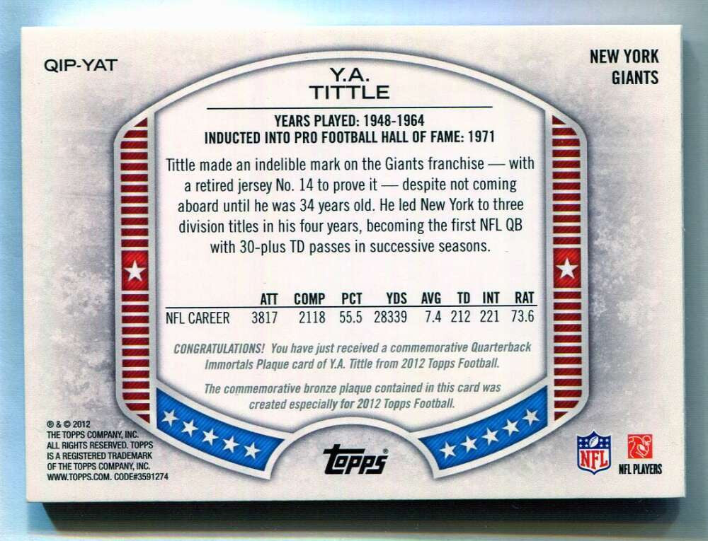 2012 Topps QB Immortals Plaques QIPYAT Y. A. Tittle Medallion 22/50 READ