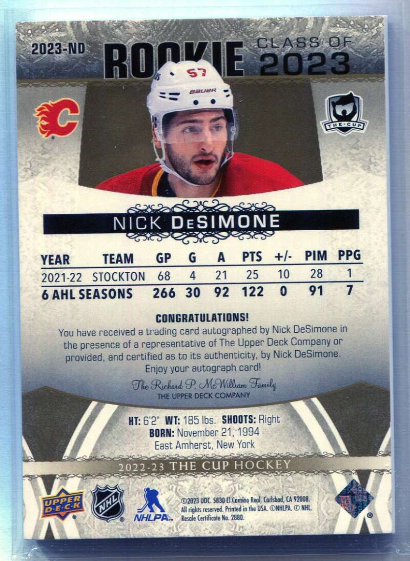 2022-23 The Cup Rookie Class of '23 Autographs Gold Nick DeSimone RC Auto 24/50