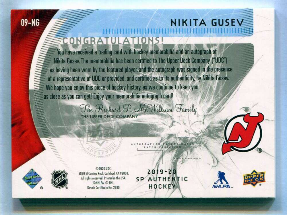 2019-20 SP Authentic '09-10 Retro FW Autographs Nikita Gusev RC Patch Auto 23/50