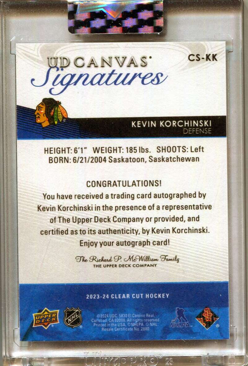 2023-24 Upper Deck Clear Cut Canvas Signatures CSKK Kevin Korchinski Rookie Auto