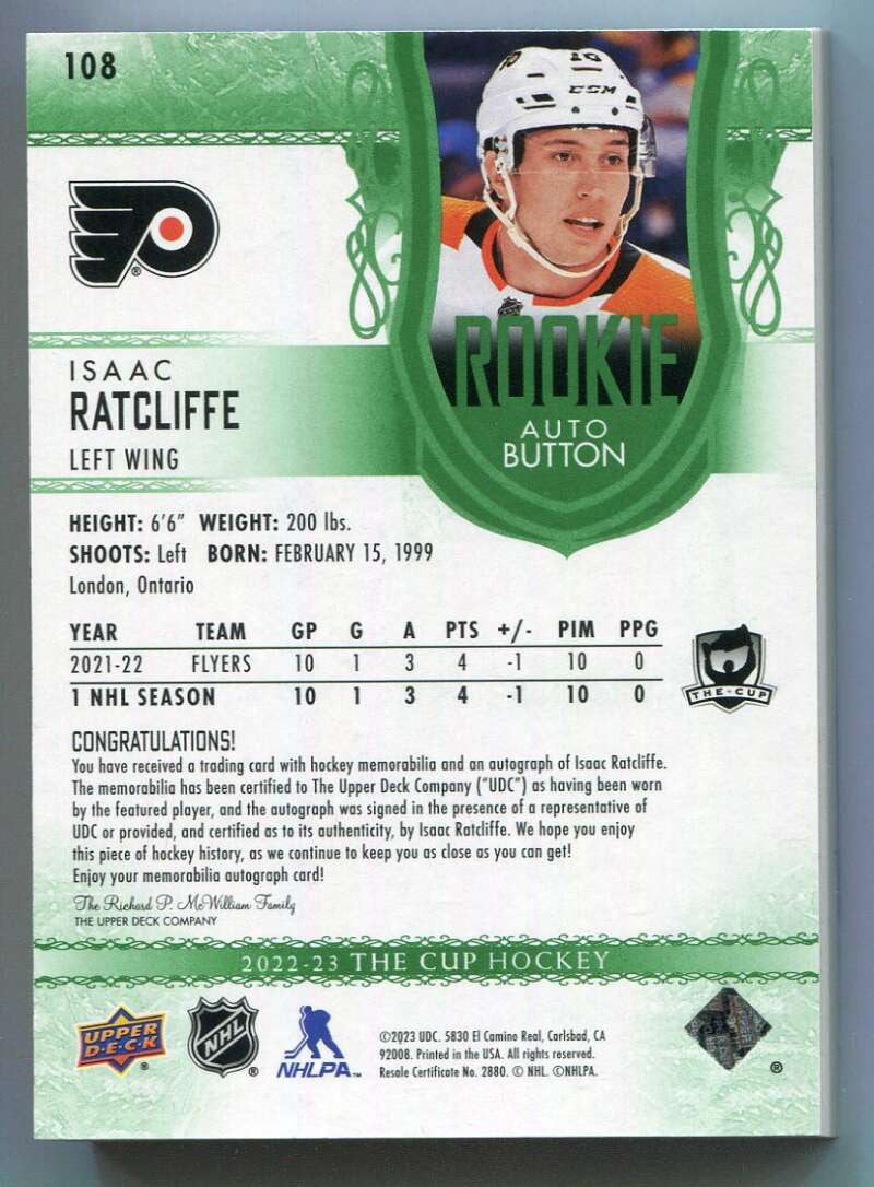 2022-23 The Cup Green 108 Isaac Ratcliffe Rookie Button Patch Auto 3/3